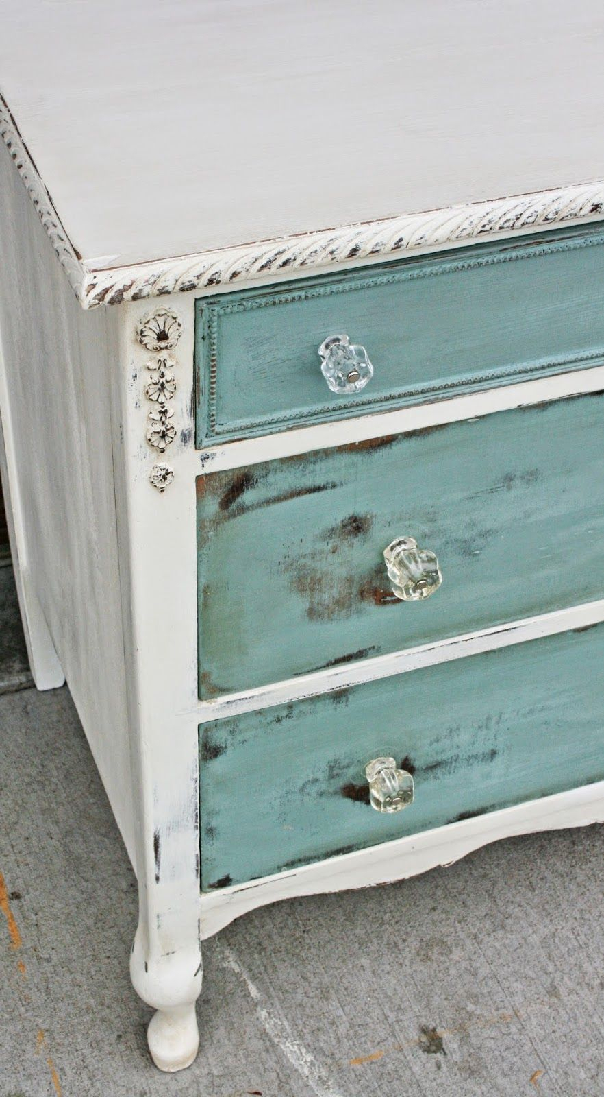 Antiqued White With Sea Blue Drawers Distressed I Love The Glass pertaining to proportions 882 X 1600