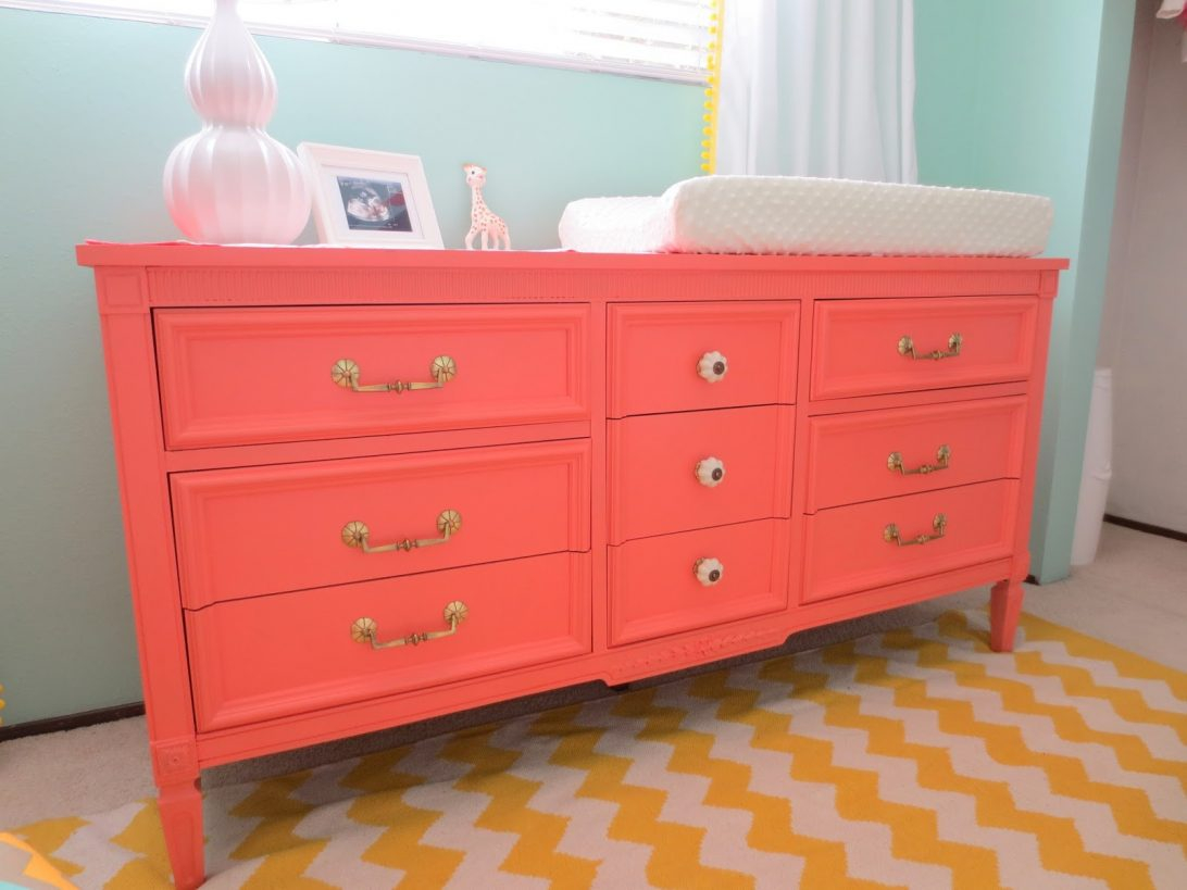 Bright Coral Painted Wooden Dresser For Nursery Having Drawers And in sizing 1092 X 819