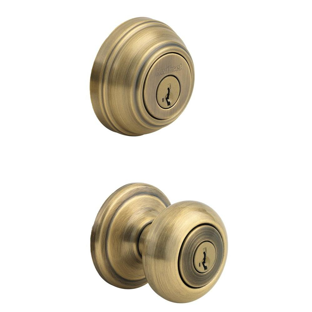 Kwikset Juno Antique Brass Exterior Entry Door Knob And Single Cylinder Deadbolt Combo Pack Featuring Smartkey Security with regard to sizing 1000 X 1000
