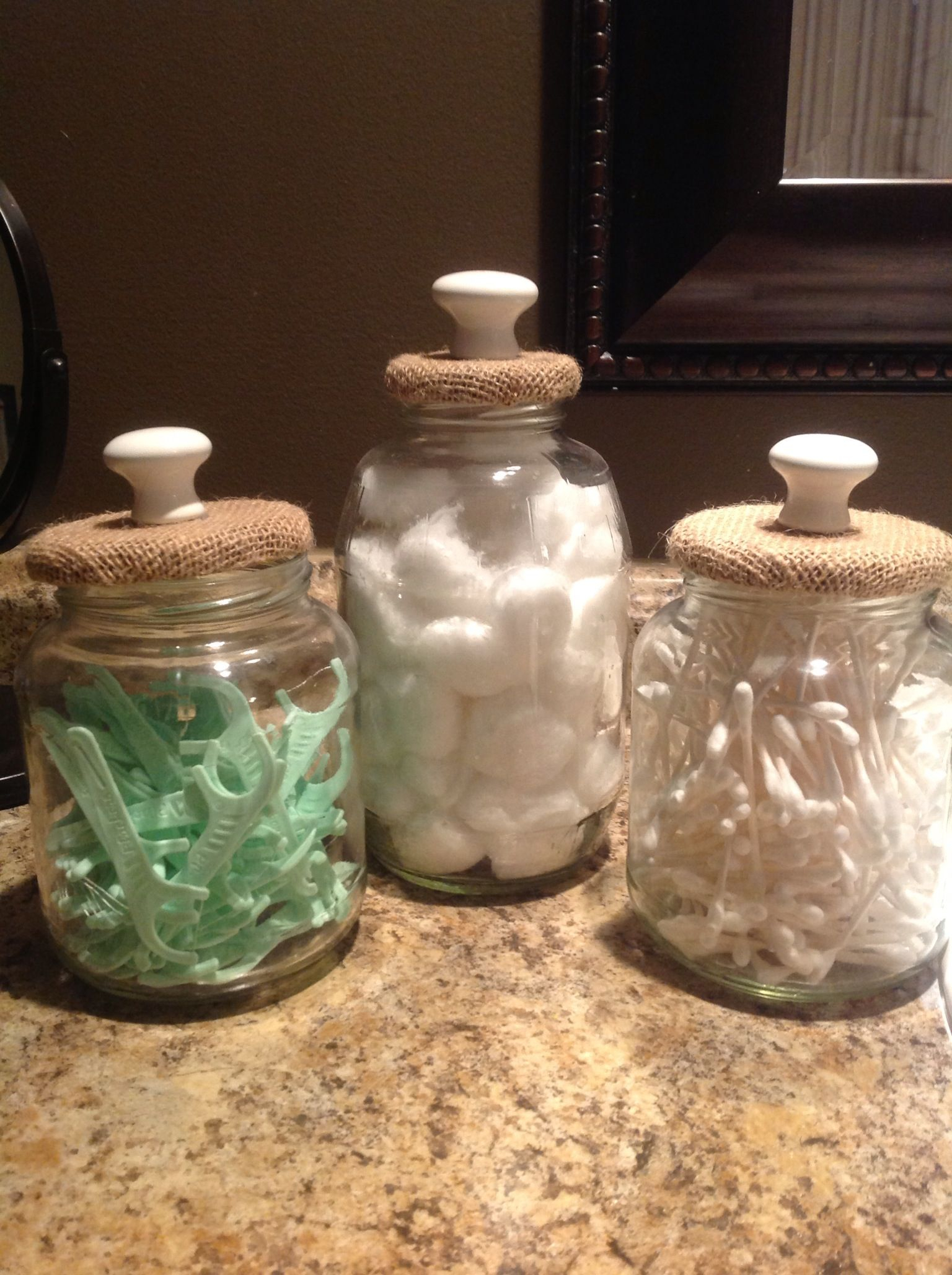 Pickle Jars With Burlap Wrapped Over The Lids And Cabinet Knobs On for size 1536 X 2056