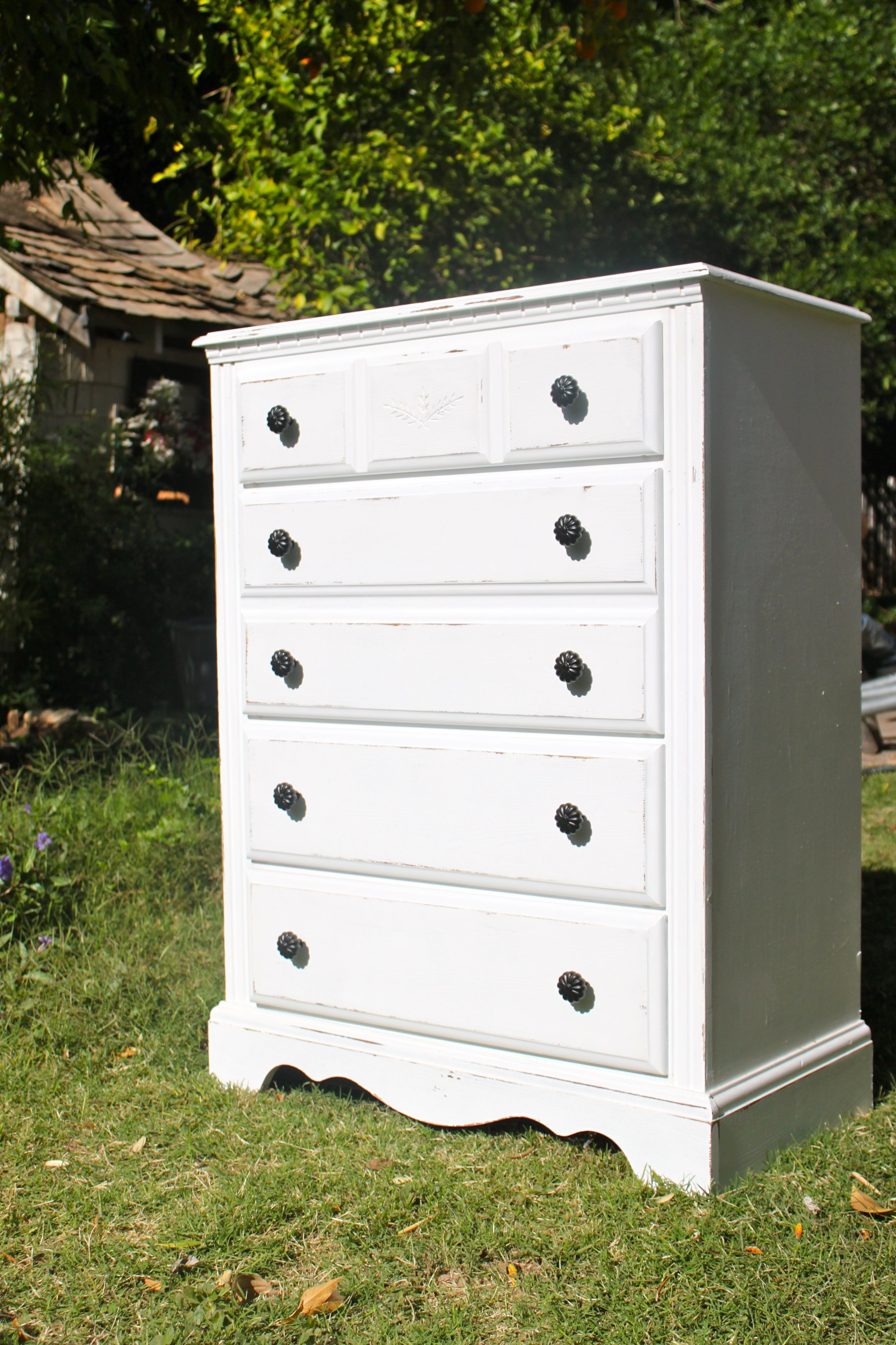 White Distressed Shab Chic Five Drawer Dresser With Black Knobs in sizing 3025 X 4538