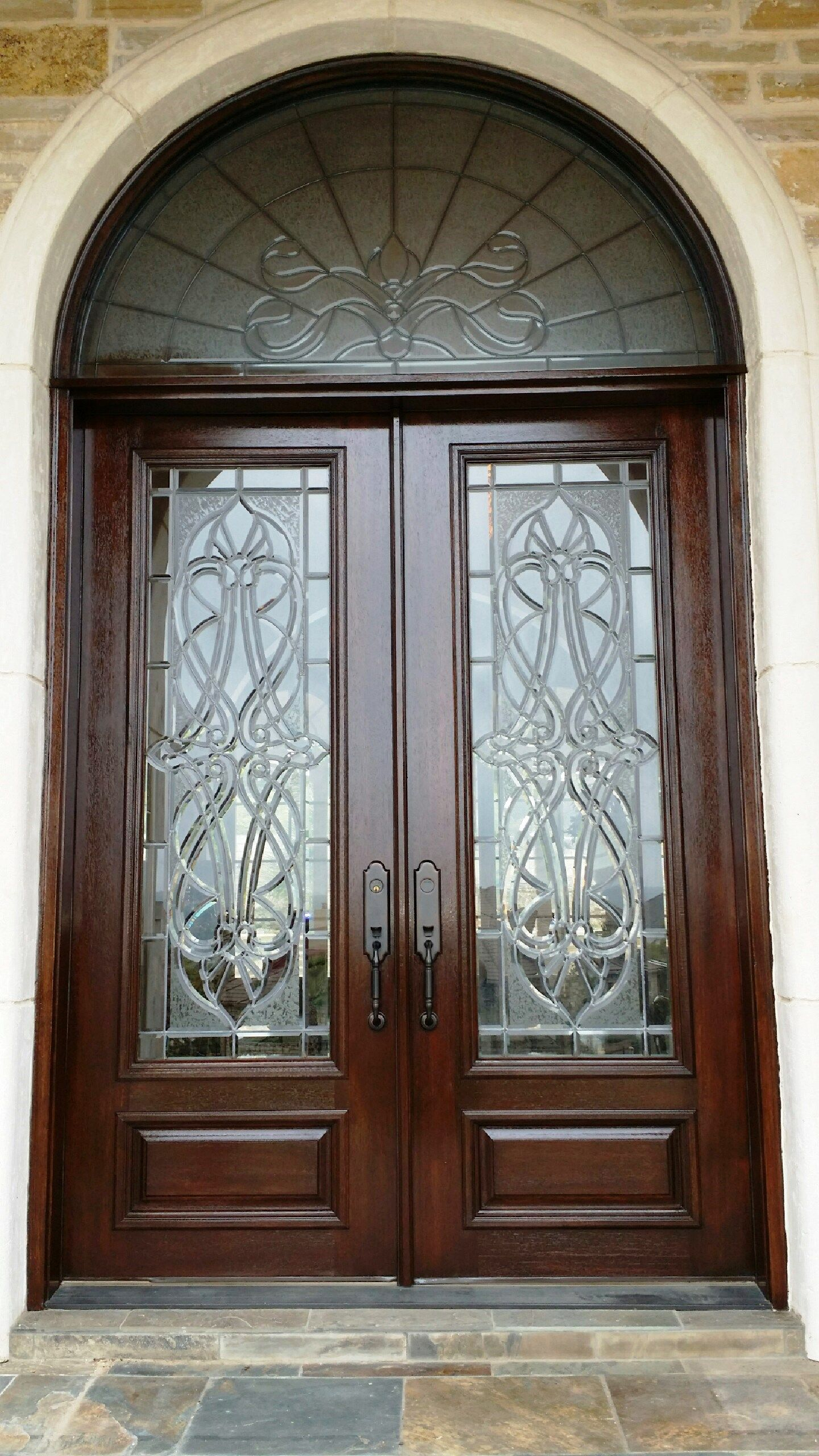 Decorative Glass Double Door With Stunning Transom Front Door intended for size 1440 X 2560