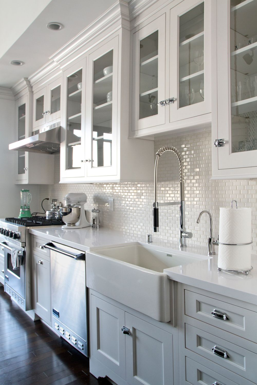 Love White Kitchen Cabinets Glass Doors Dark Wood Floors regarding dimensions 1000 X 1500