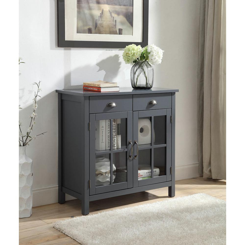 Olivia 2 Drawers Grey Accent Cabinet With 2 Glass Doors Sk19087d2 Gy inside size 1000 X 1000