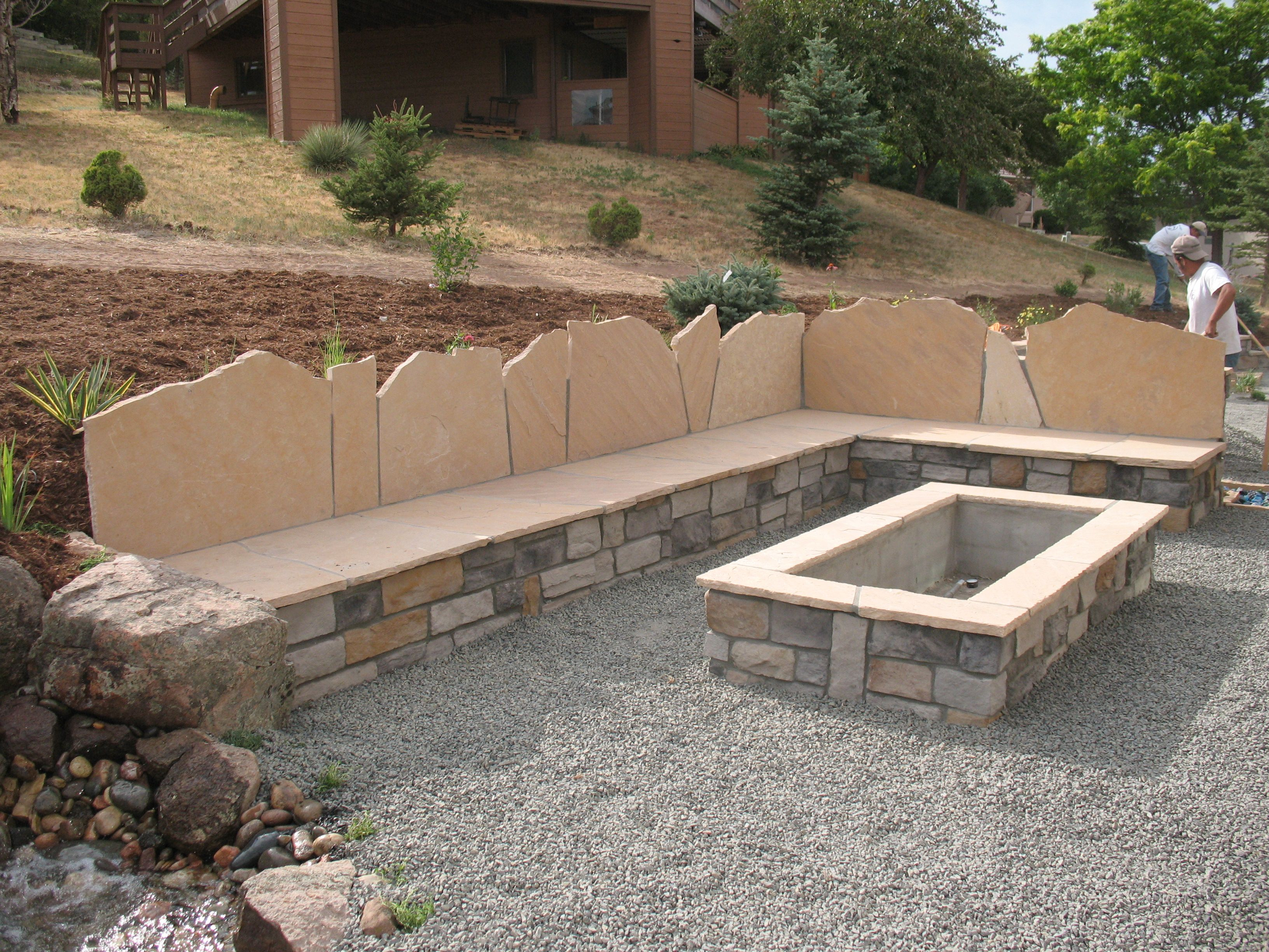 1608g Rectangle Stone Firepit Seat Wall With Back Flagstone Back for dimensions 3264 X 2448
