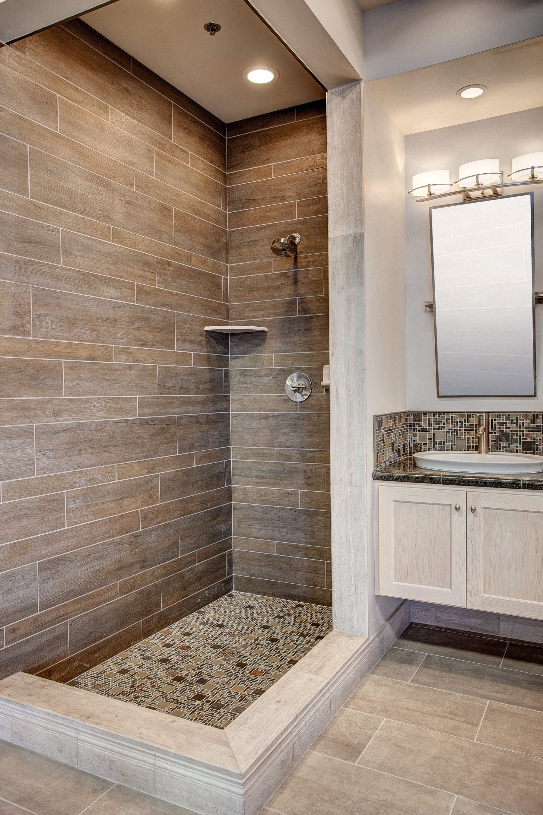 A Faux Wood Tile Shower Featuring Dyrewood Cinnamon Faux Wood in sizing 1800 X 2702