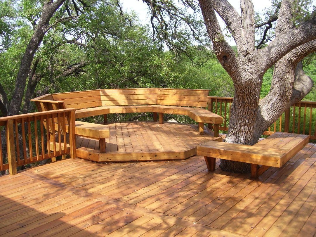 Amazing Backyard Wooden Deck Around A Giant Tree And Square Bench for proportions 1082 X 811