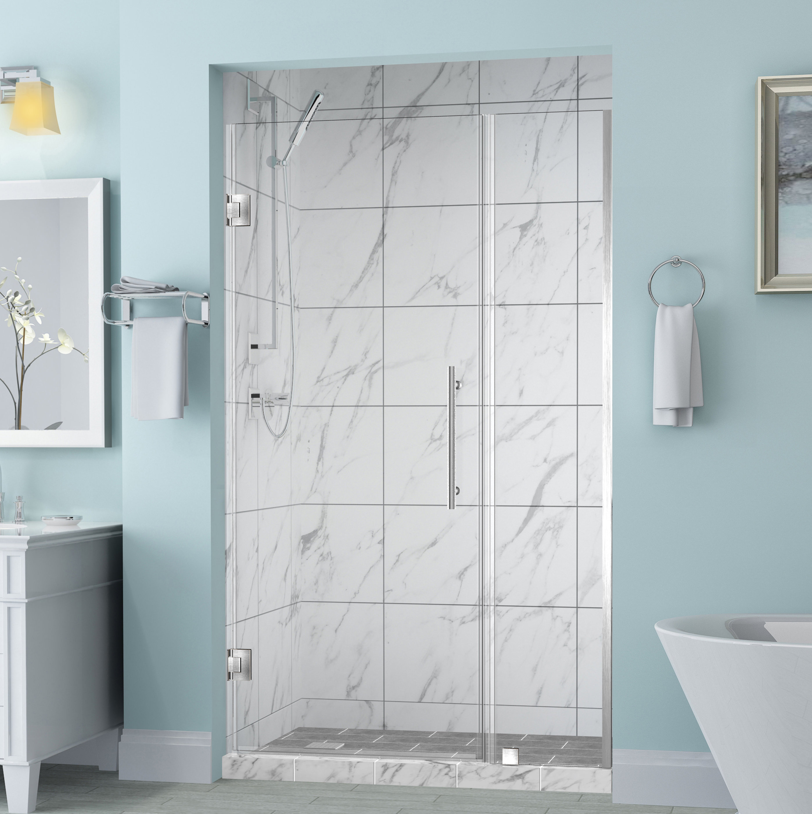 Aston Belmore 33 X 72 Hinged Frameless Shower Door Reviews Wayfair inside proportions 2796 X 2800