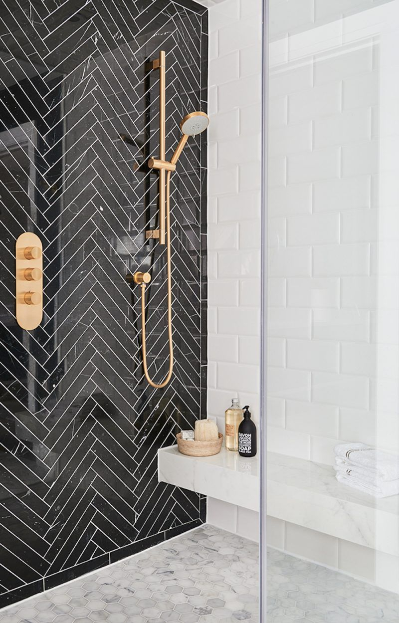 Black Herringbone Tile Feature Wall In Shower Home In 2019 throughout measurements 800 X 1249
