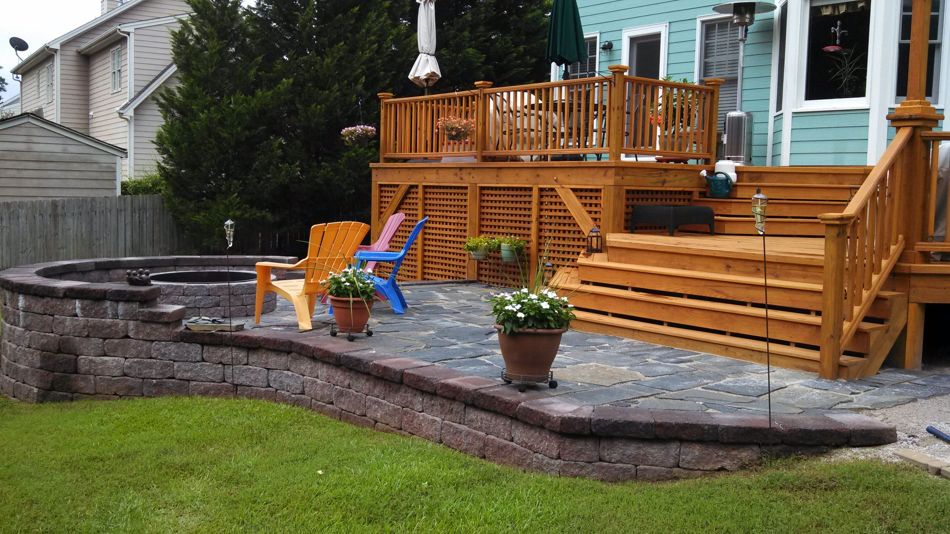 Custom Built Wood Deck And Stone Patio Backyard Inspiration with size 3264 X 1836