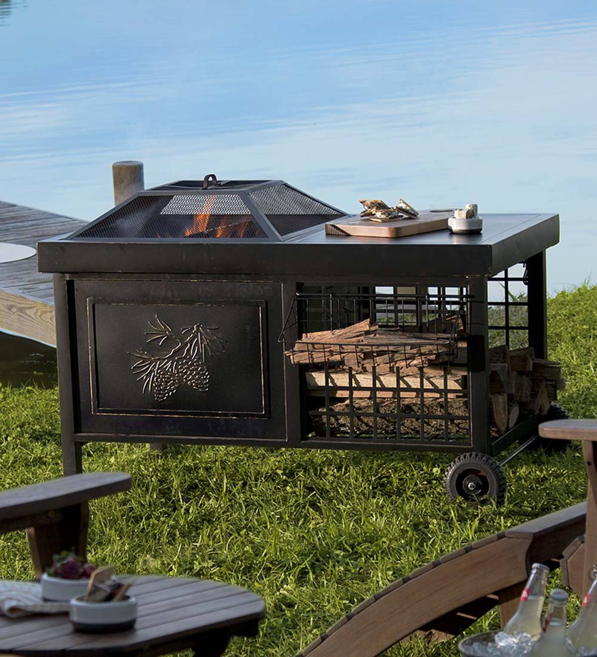 Deluxe Rolling Wood Burning Fire Pit With Pine Cone Motif Plowhearth inside proportions 1200 X 1320