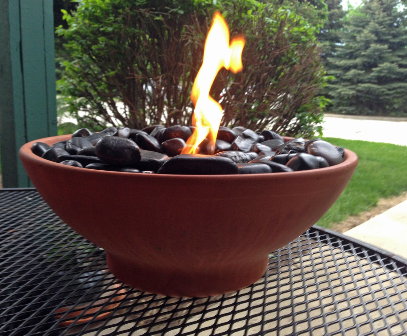 Diy Table Top Fire Pit Made With Black River Rocks And Real Flame intended for dimensions 1320 X 1089