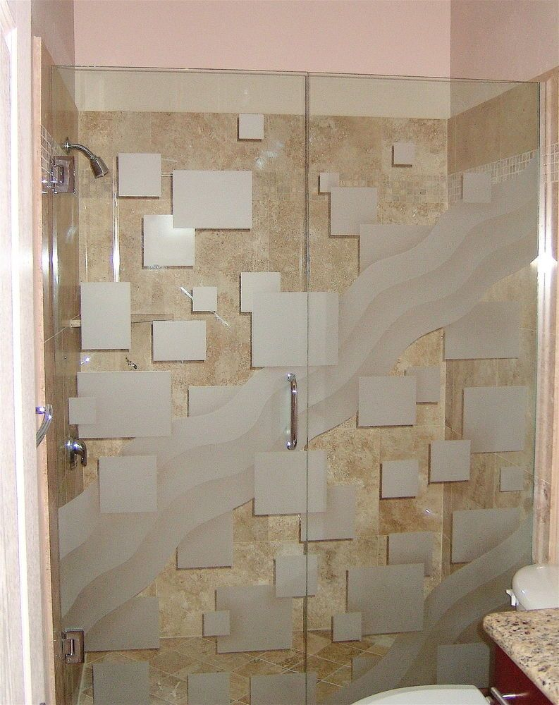 Etched Glass Shower With Squares Pattern And Wave Design inside proportions 793 X 1000