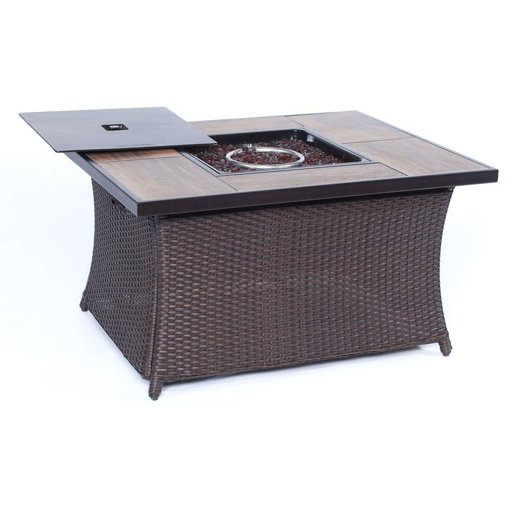 Hanover 98 In Wicker Fire Pit Table In Brown With Woodgrain Tile intended for proportions 1000 X 1000