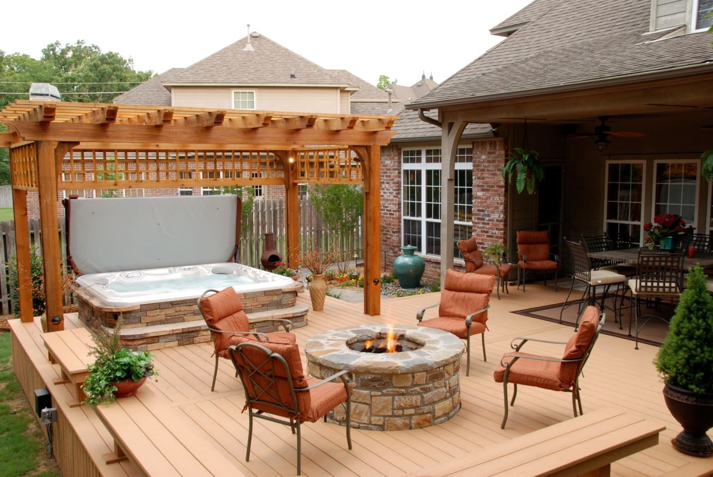 Hot Tub And Stone Firepit On Deck Like The Pergola Not Sure About regarding dimensions 1430 X 957