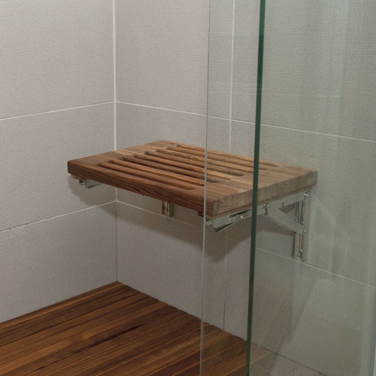 Installed View Of The Teak Wall Mount Bench With Slats Bathroom in sizing 1200 X 1200