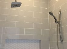 Linear Light Gray Shower Wall Tile With Hexagon Mosaic Shelf And pertaining to sizing 759 X 1080