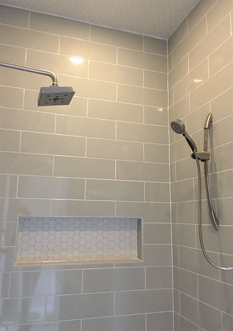 Linear Light Gray Shower Wall Tile With Hexagon Mosaic Shelf And with regard to size 759 X 1080