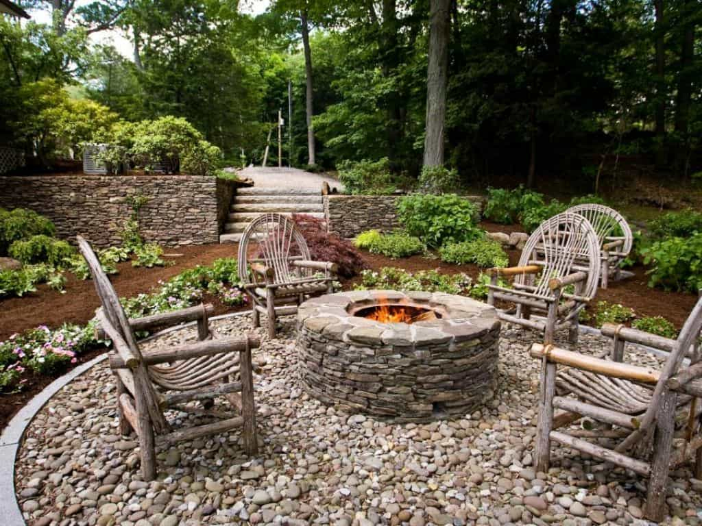 Outdoor Patio With River Rocks And Fire Pit Landscaping Around A inside dimensions 1024 X 768