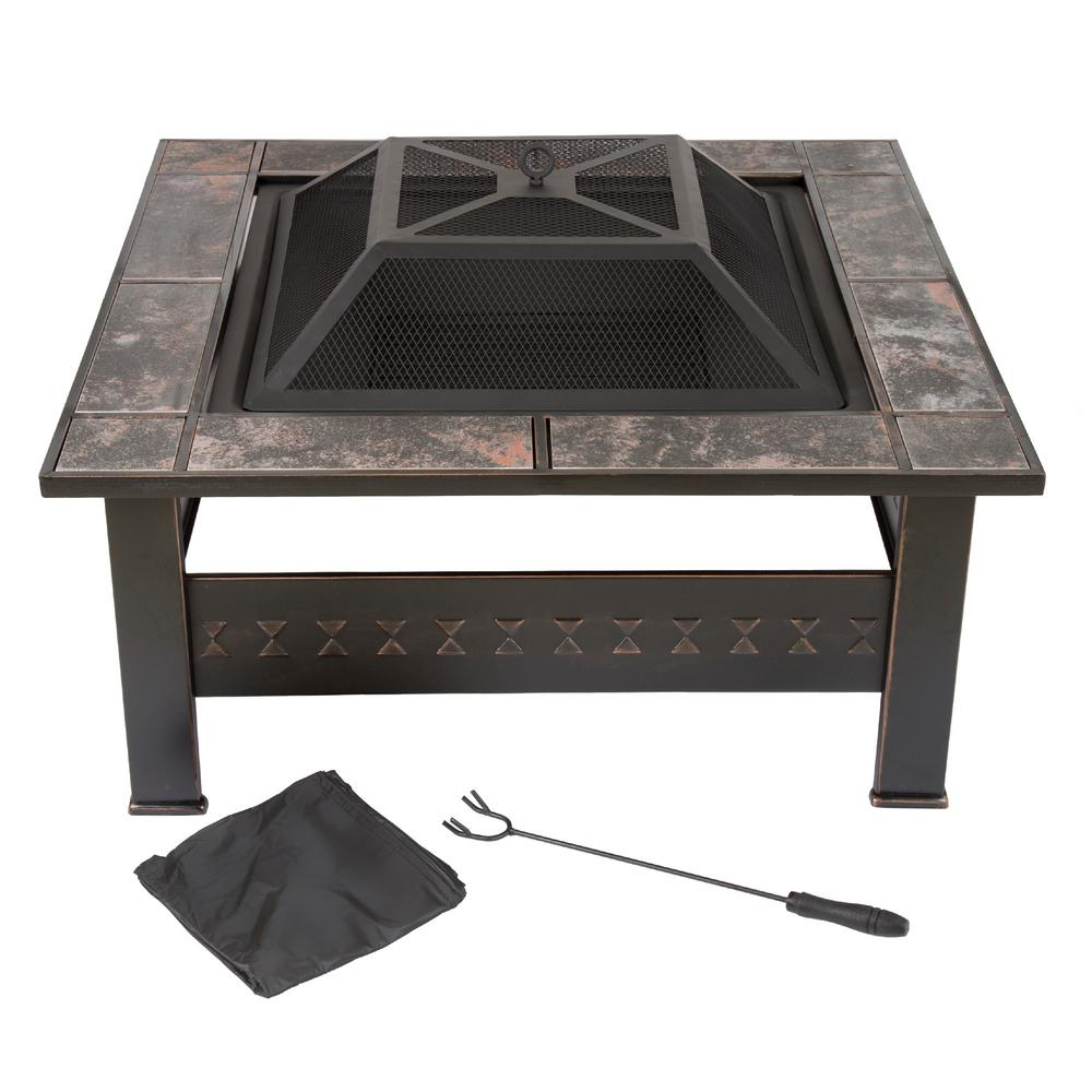 Pure Garden 32 In Steel Square Tile Fire Pit With Cover M150074 throughout measurements 1000 X 1000