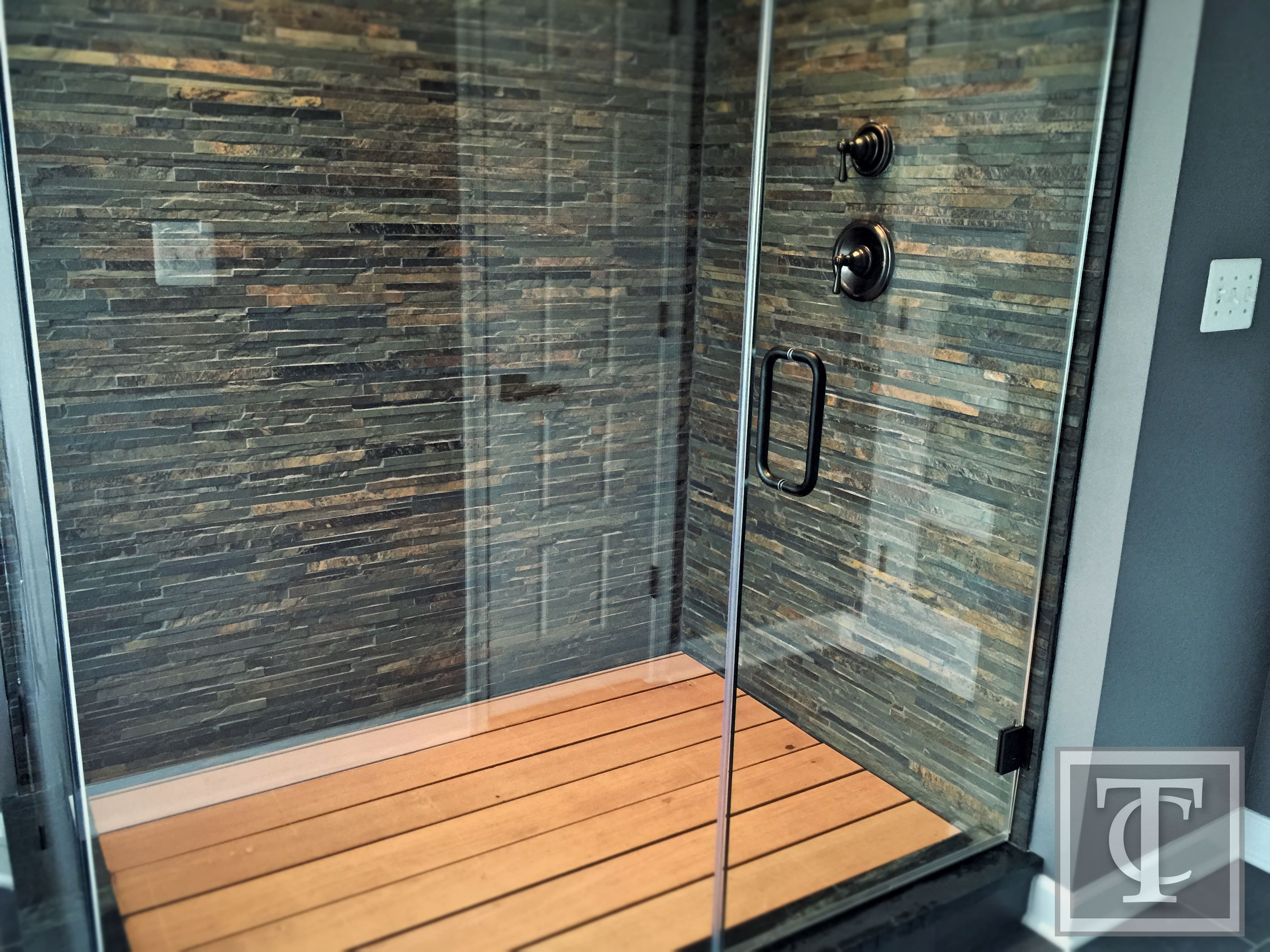 Slate Shower Walls And Wood Shower Floor Rustic Contemporary within measurements 3264 X 2448