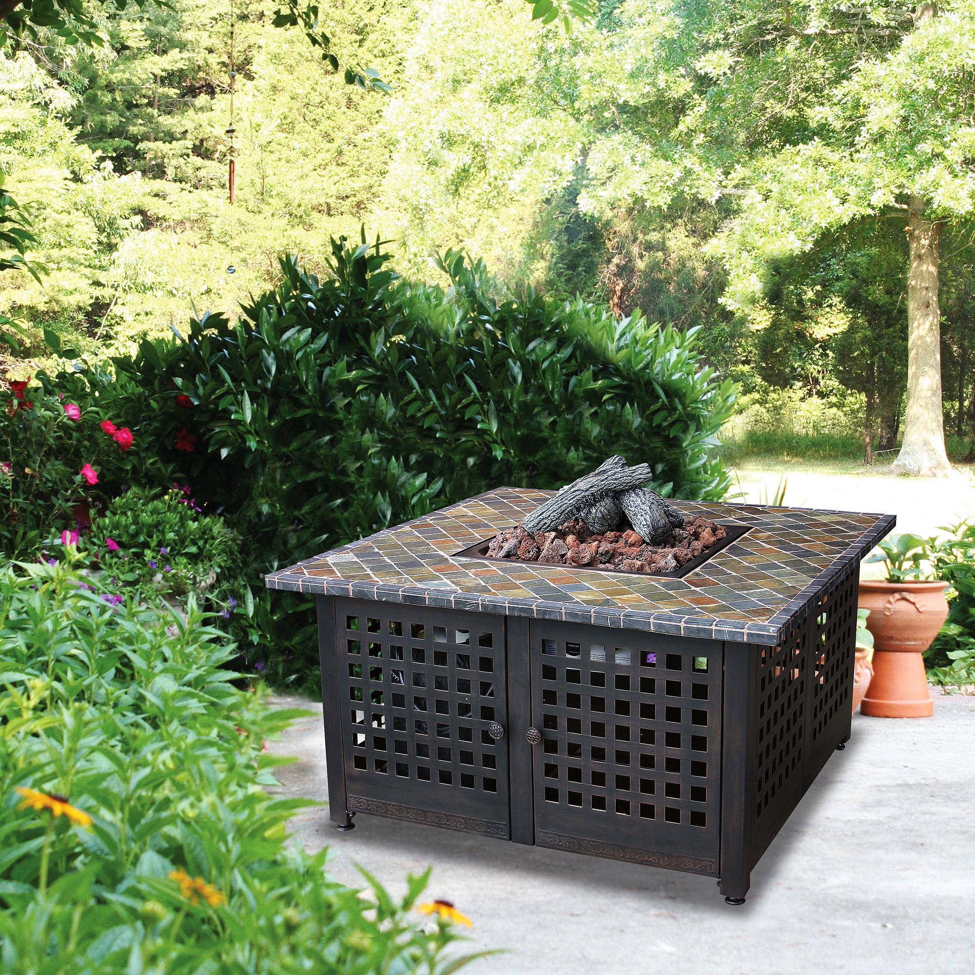 Square Lp Gas Fire Pit With Slate Mantel Walmart intended for dimensions 2000 X 2000