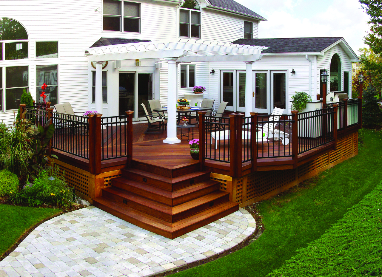 Wood Deck With Pergola And Paver Walkway Archadeck Outdoor Living pertaining to measurements 1280 X 929
